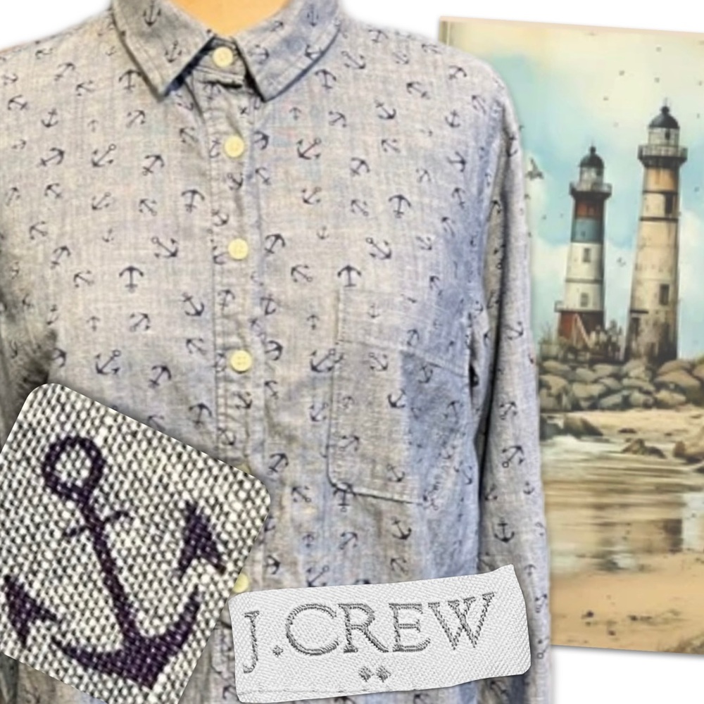JCrew‎ nautical boat anchor half button shirt 100% chambray cotton coastal ocean